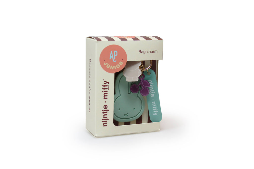 Boxed AP Miffy mint bag charm with rabbit keychain and hanging charm tags