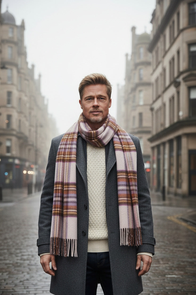 Tartan merino wool scarf in burgundy, blue, and cream with fringed ends