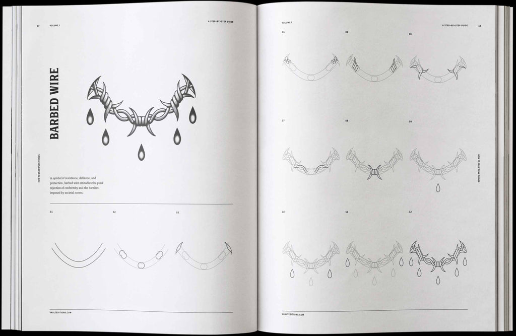 Open book spread with pencil sketches of punk barbed wire and horned wire shapes