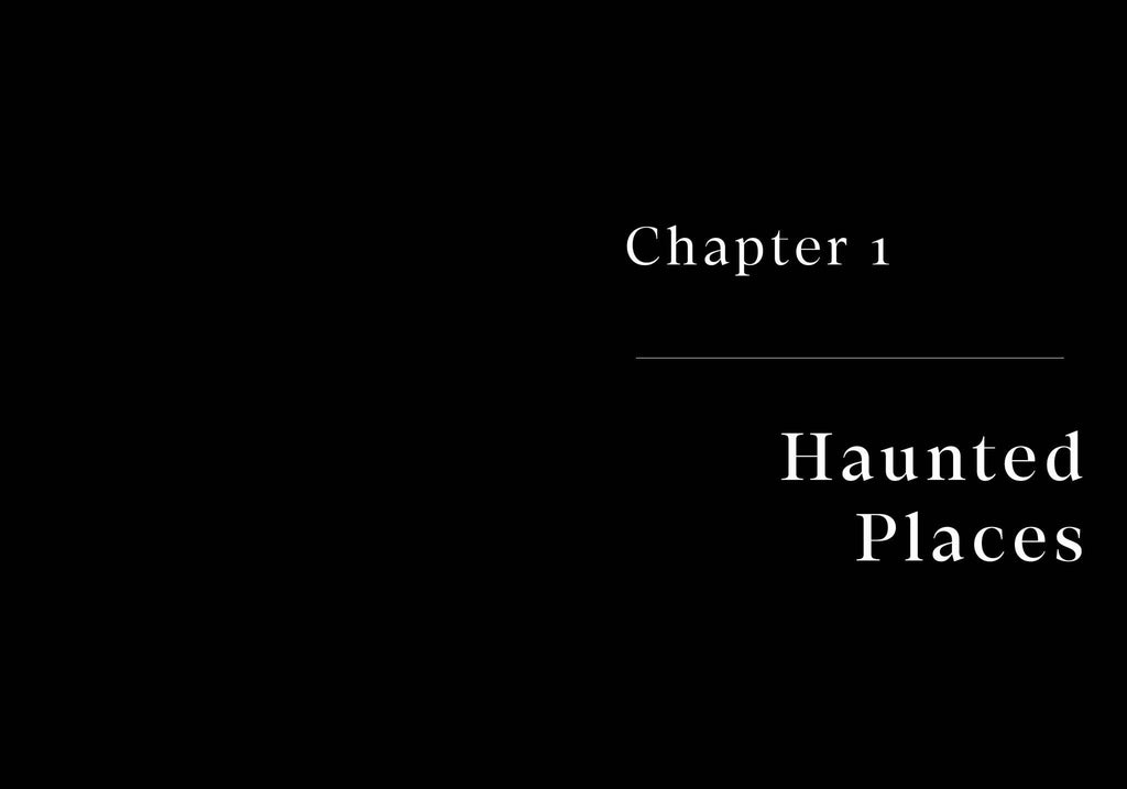 Book page showing 'Chapter 1' and 'Haunted Places' title on dark background