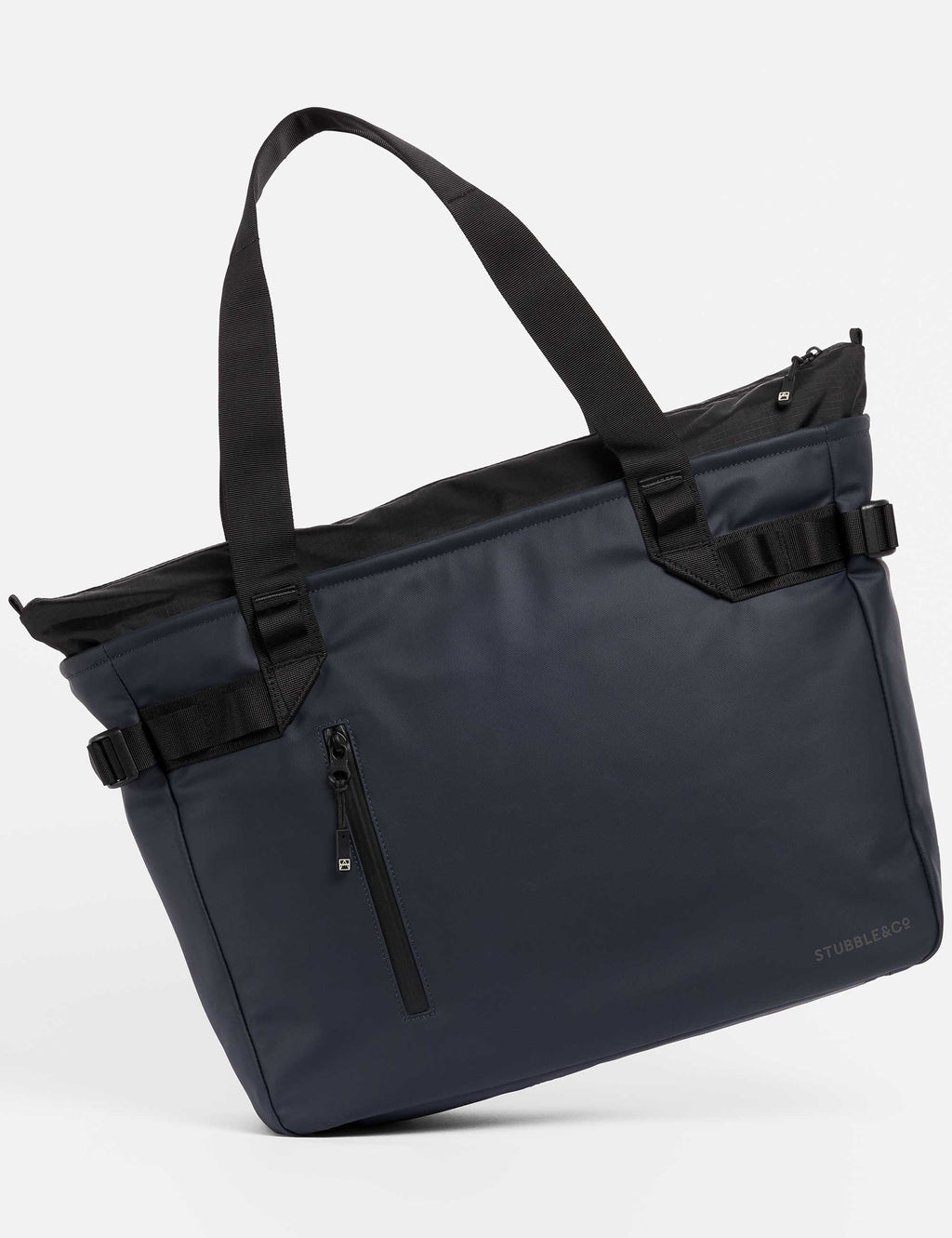 Midnight blue laptop tote bag with top handles and front zipper pocket