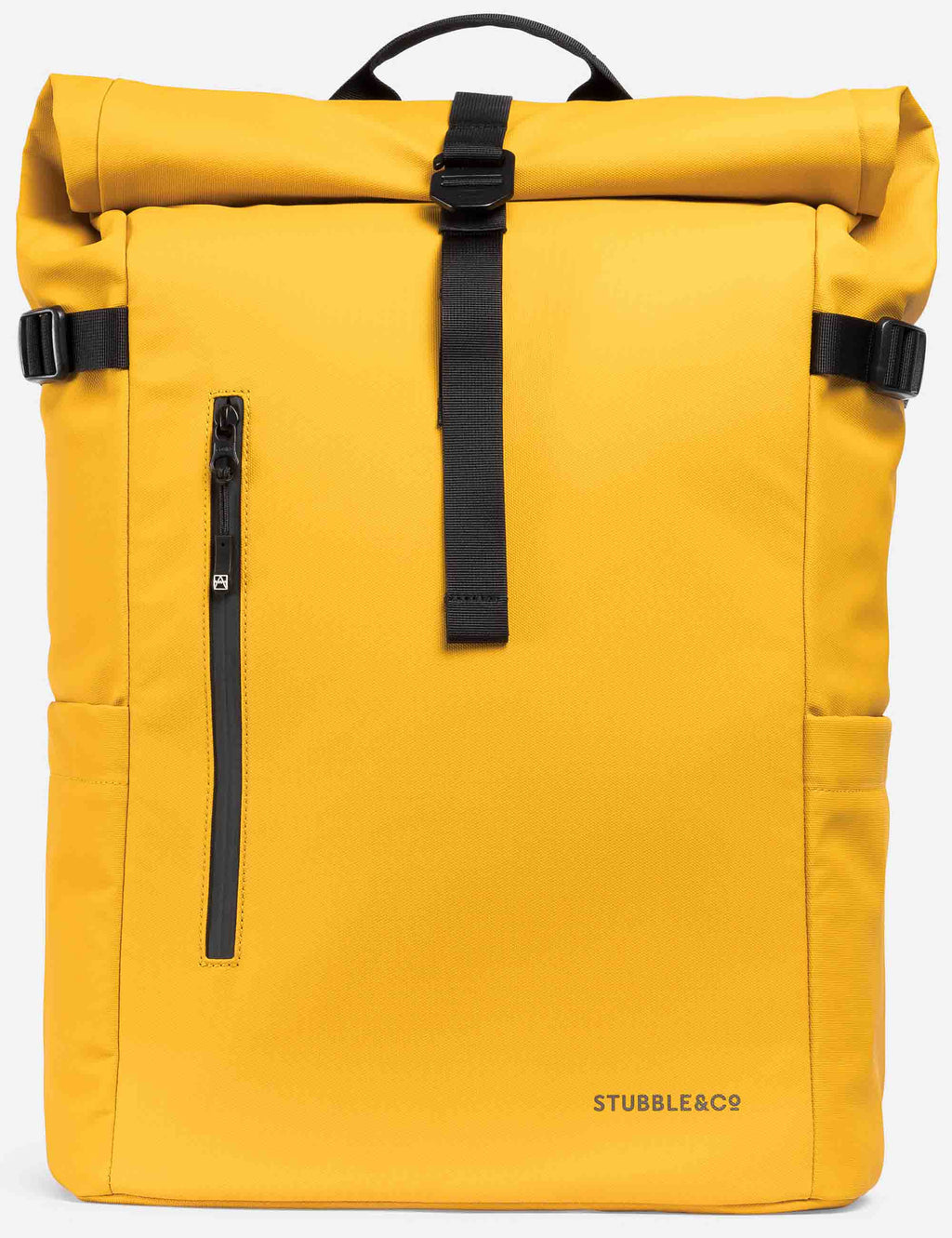 Yellow roll-top backpack with black straps and front zip pocket