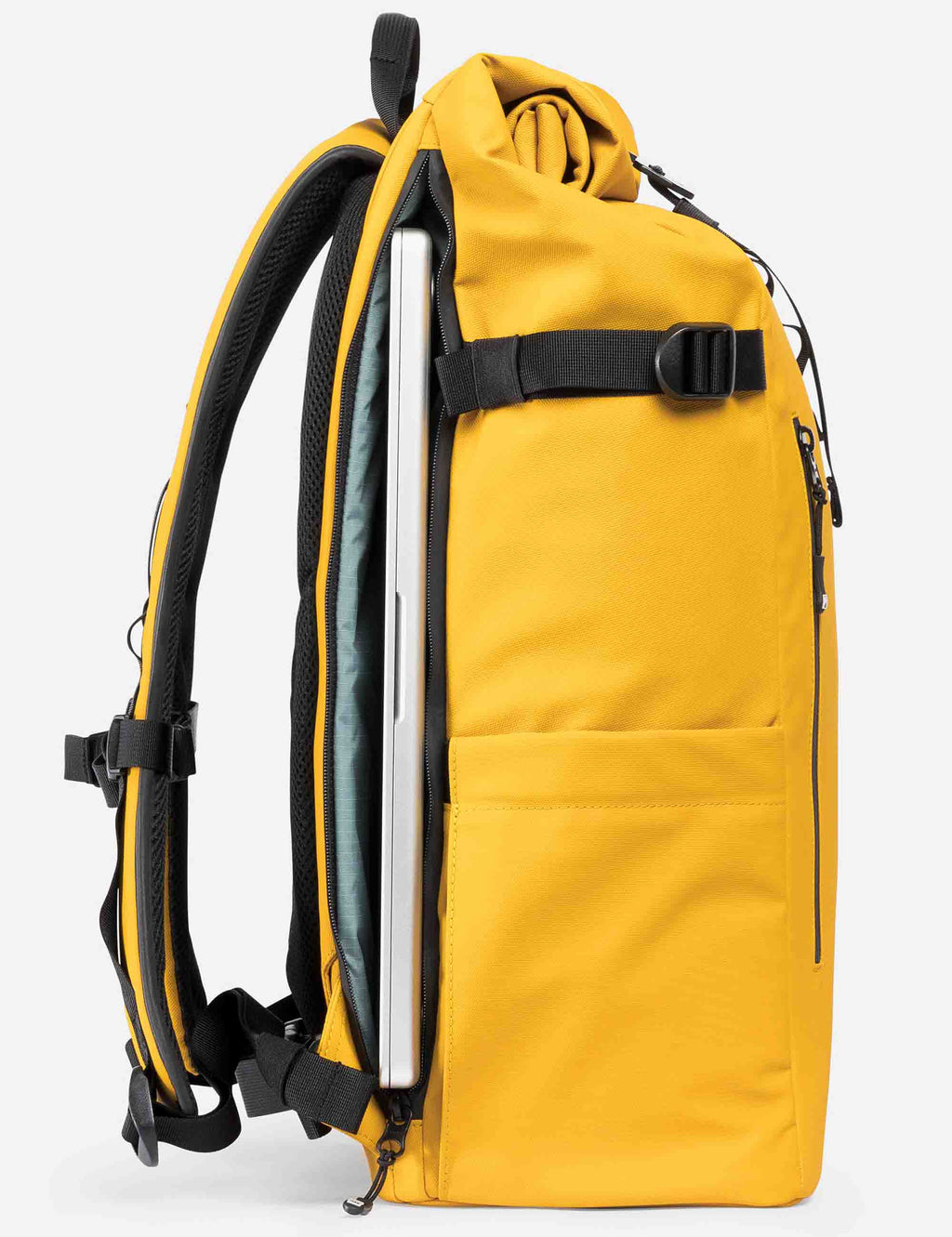 Yellow roll-top backpack with black side compression straps and carry handle