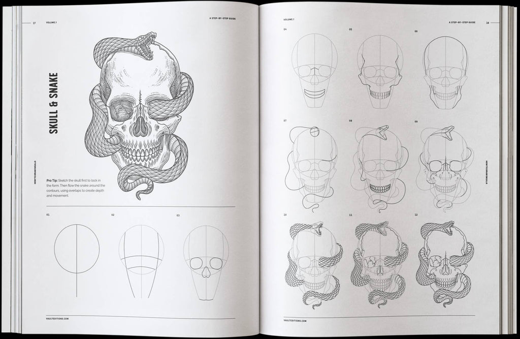 Skulls drawing book open to snake-skull artwork with side profile drawing guides