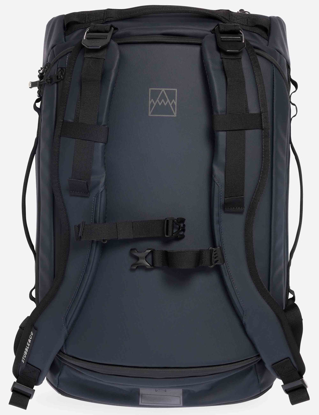 Midnight blue duffel backpack back panel with adjustable shoulder straps and webbing