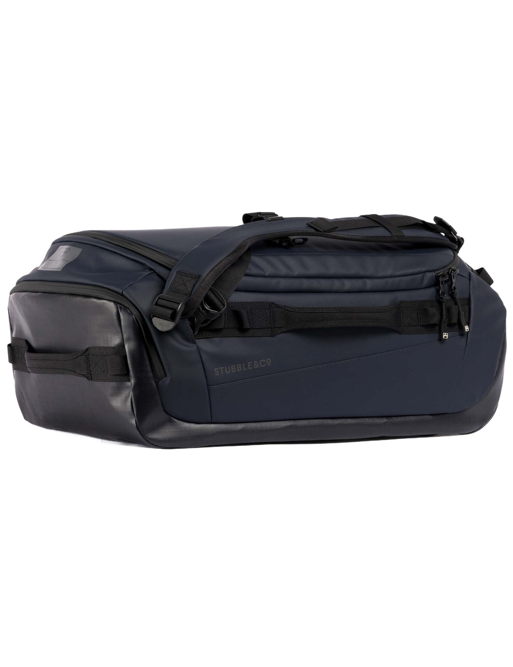 Midnight blue duffel bag with top carry handle, front zip pocket, and side straps