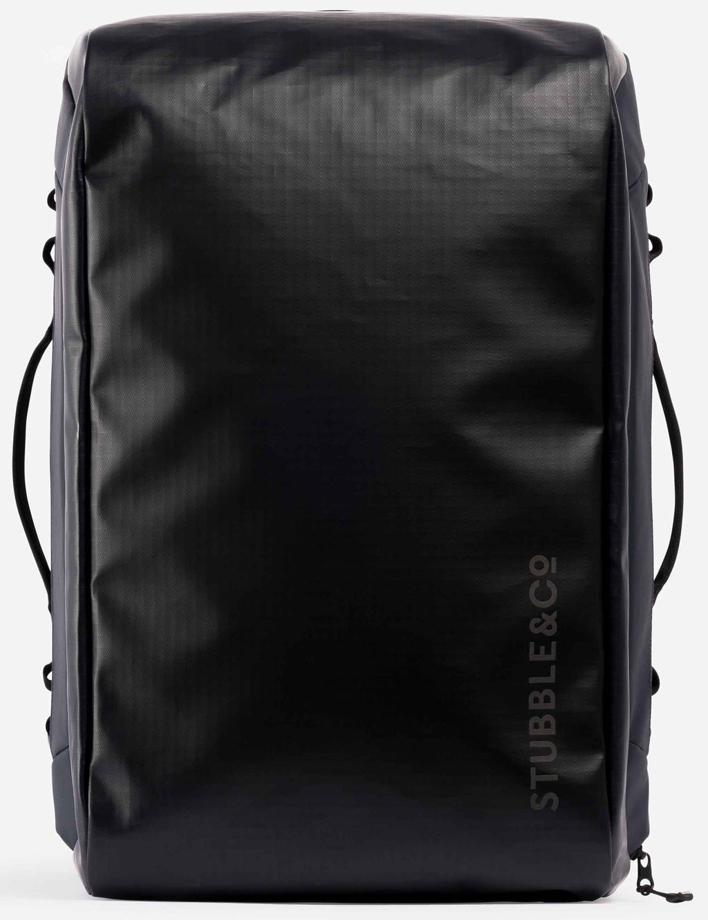 Dark duffel backpack with STUBBLECO logo on rear panel and side carry straps