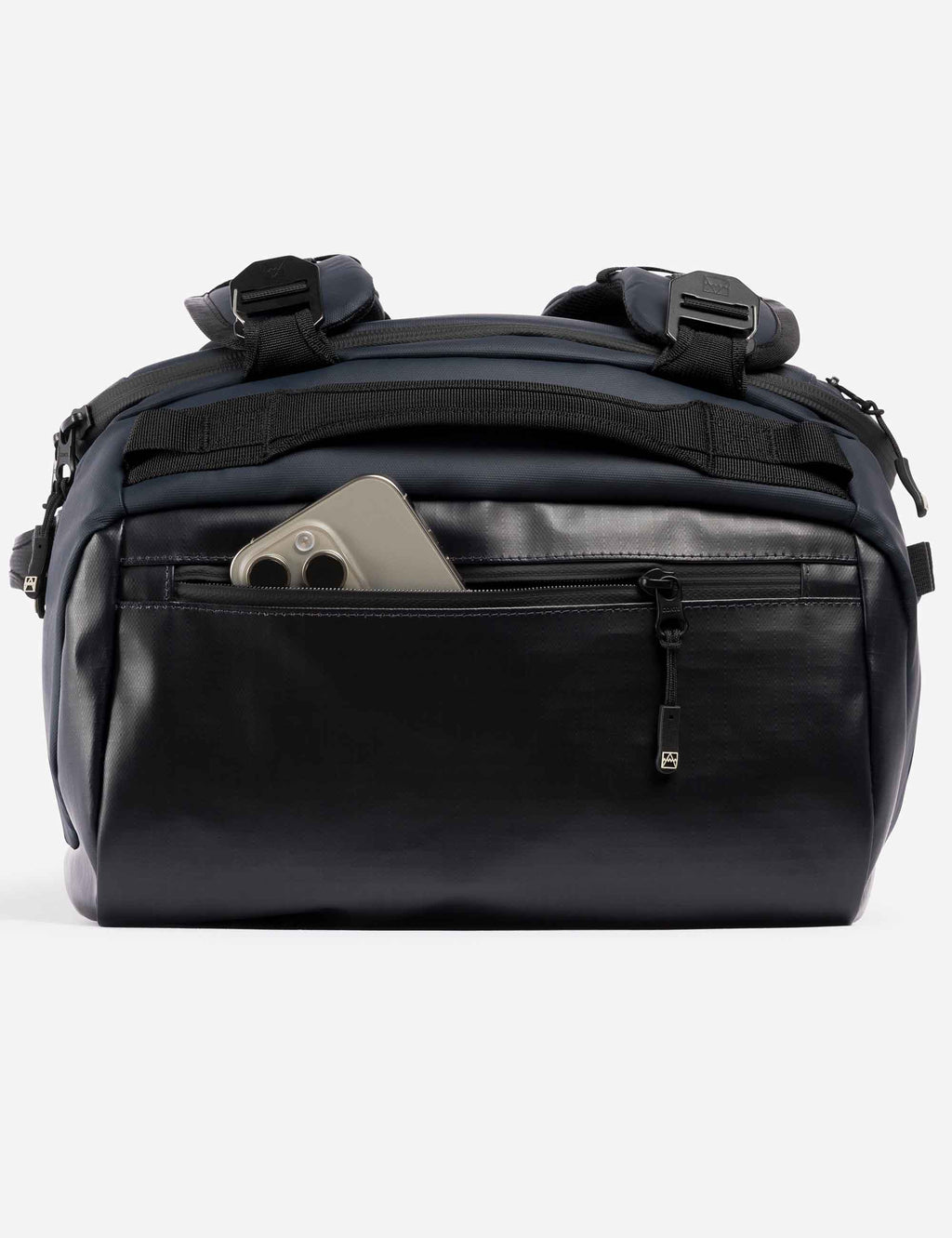 Dark duffel bag with front zip pocket, top handles, and adjustable strap loops