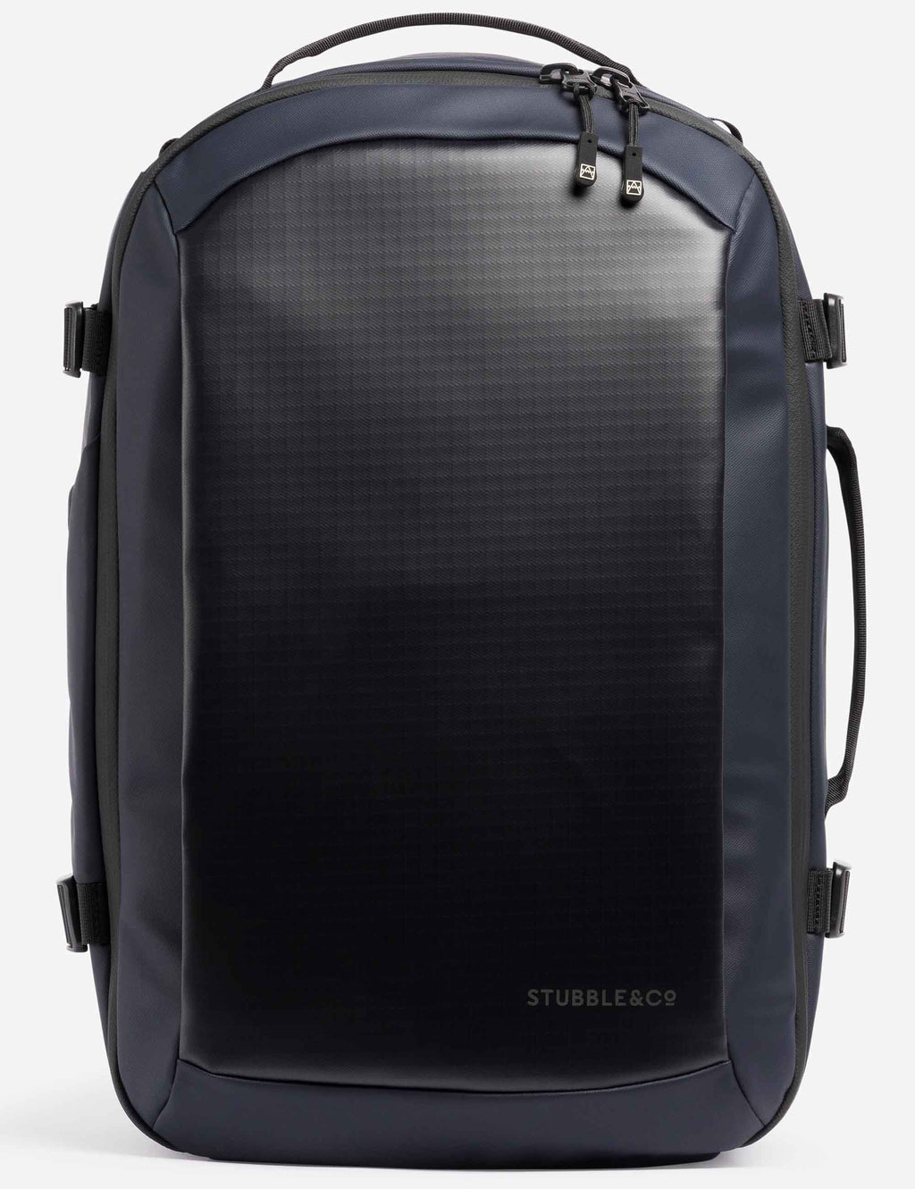 Midnight blue hybrid backpack with top handle, side strap, and front zipper pocket
