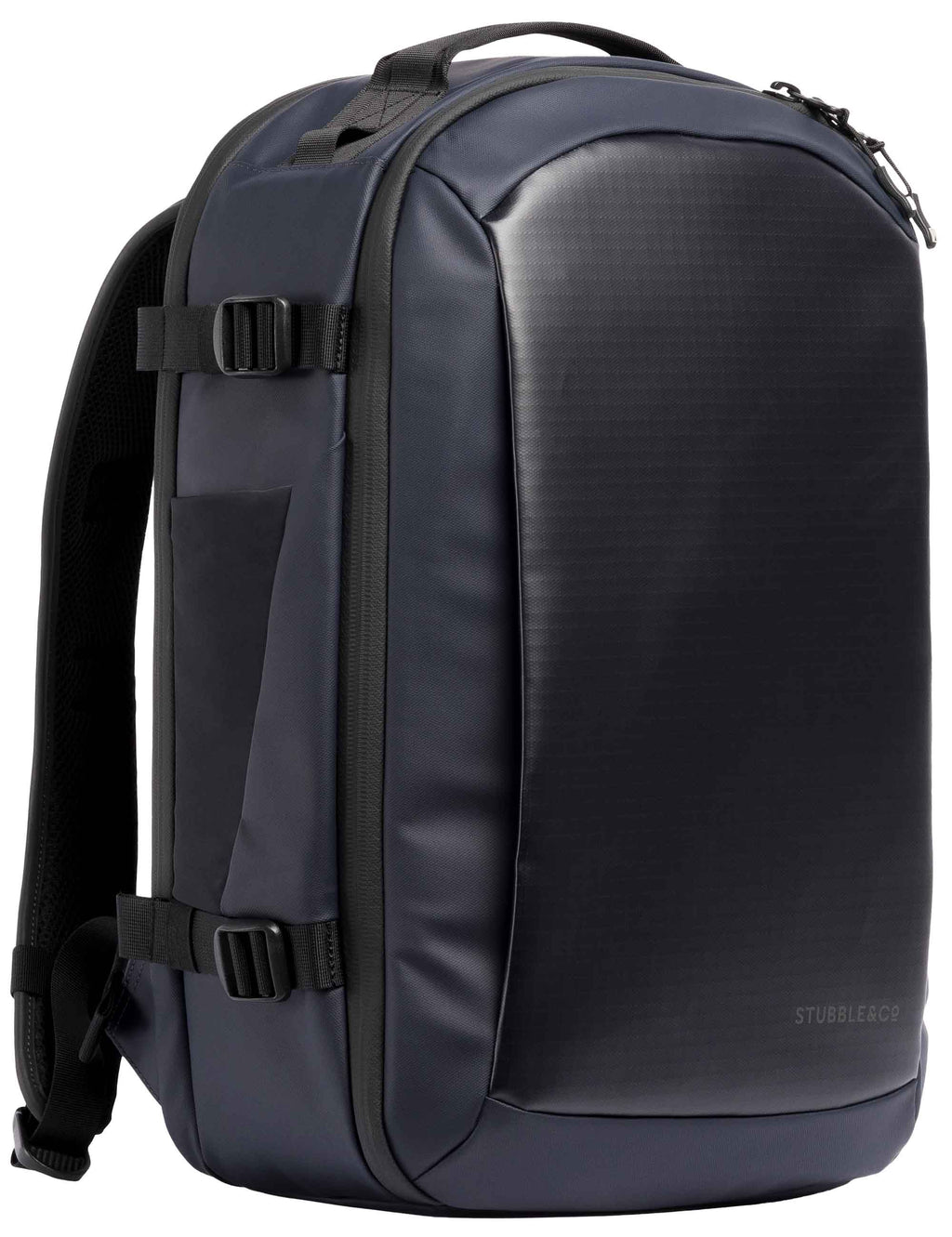 Midnight blue hybrid backpack with curved top handle and dual zip compartments