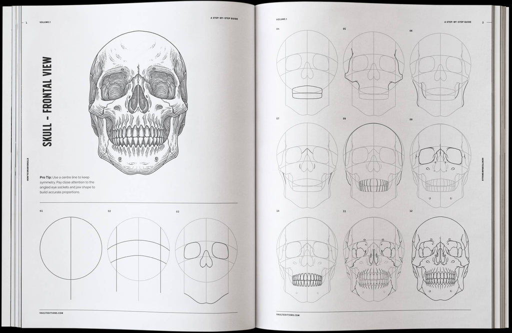 Skulls drawing book open to pages with front-view skull sketches and guide circles