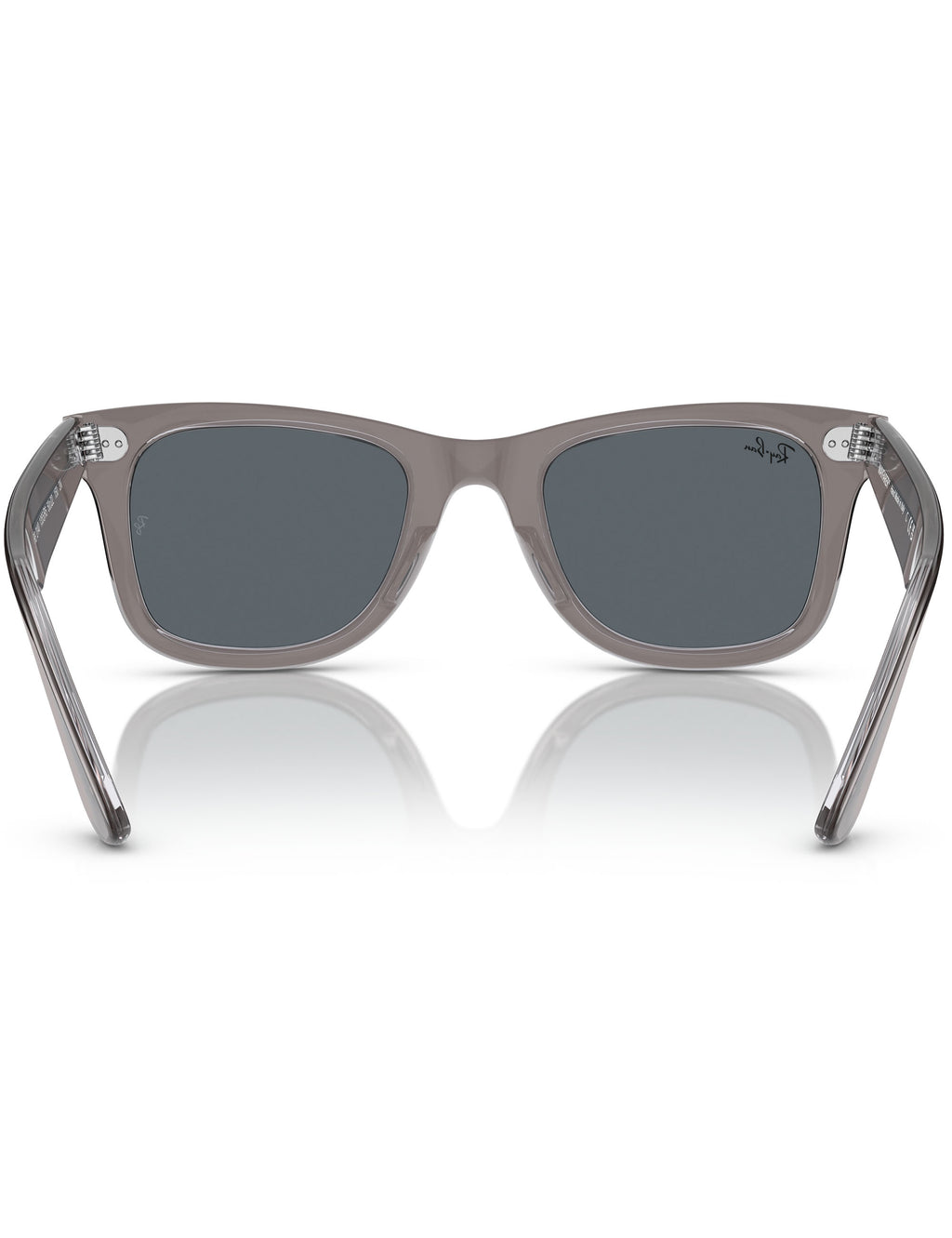 Wayfarer-style sunglasses front view with blue lenses and translucent gray frame