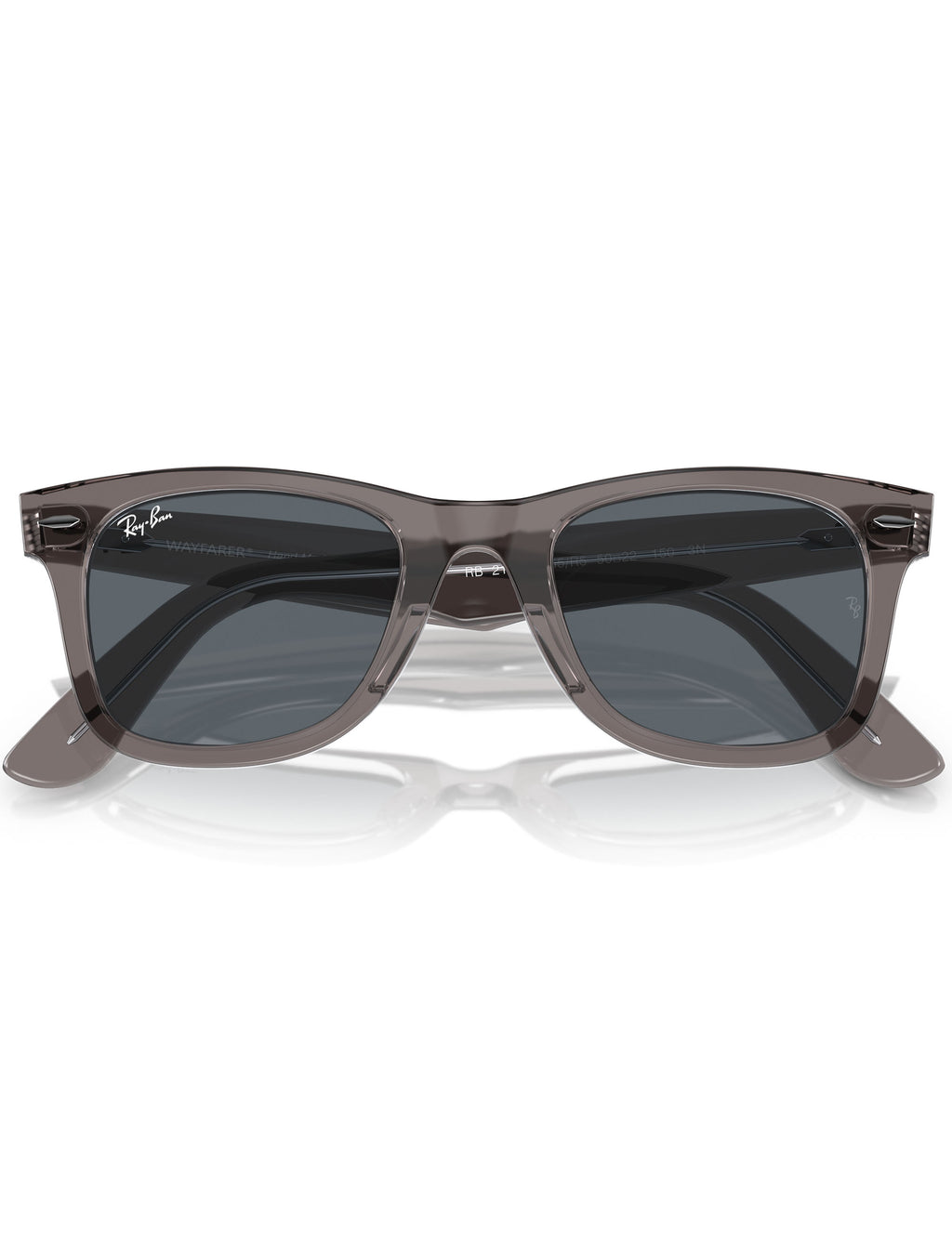 Wayfarer-style sunglasses with dark blue lenses and translucent gray frame, straight front