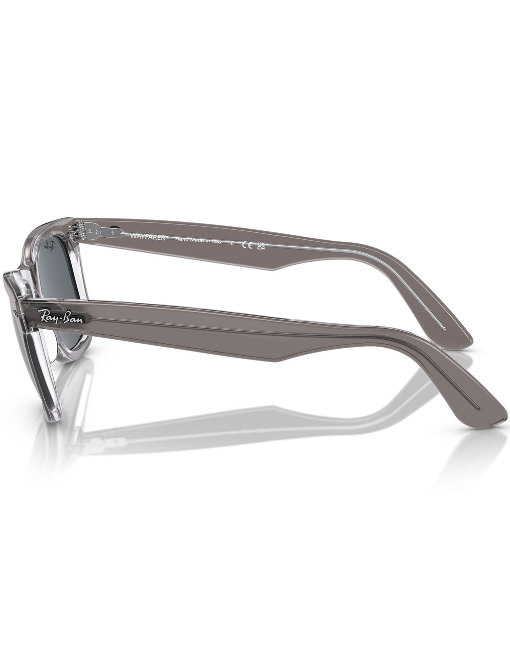 Wayfarer-style sunglasses side profile with dark blue lenses and translucent gray frame