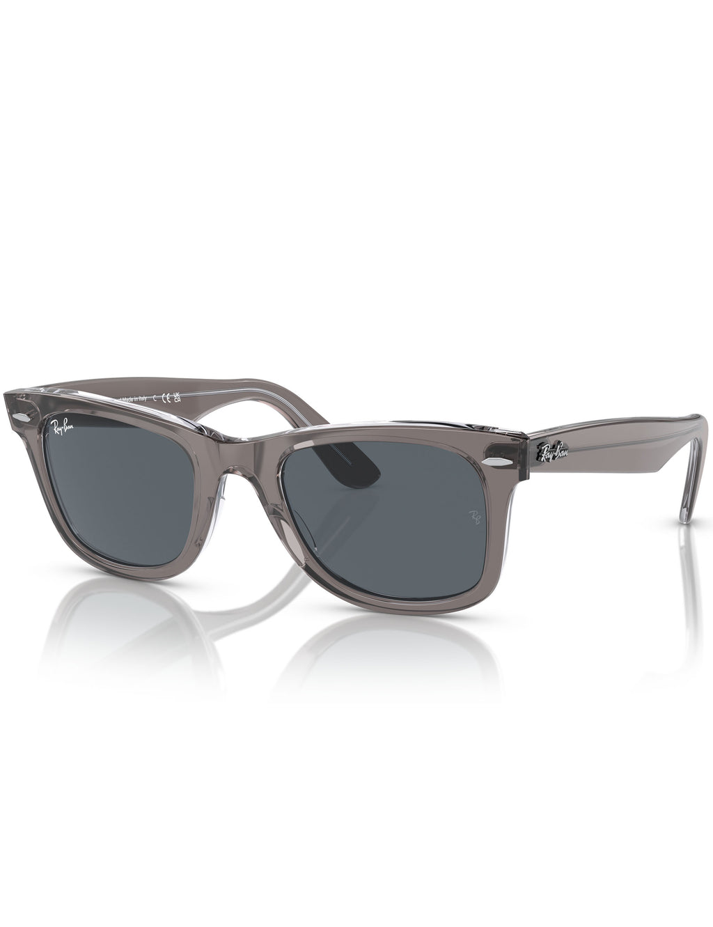 Wayfarer-style sunglasses with blue lenses and polished gray translucent frame, front view