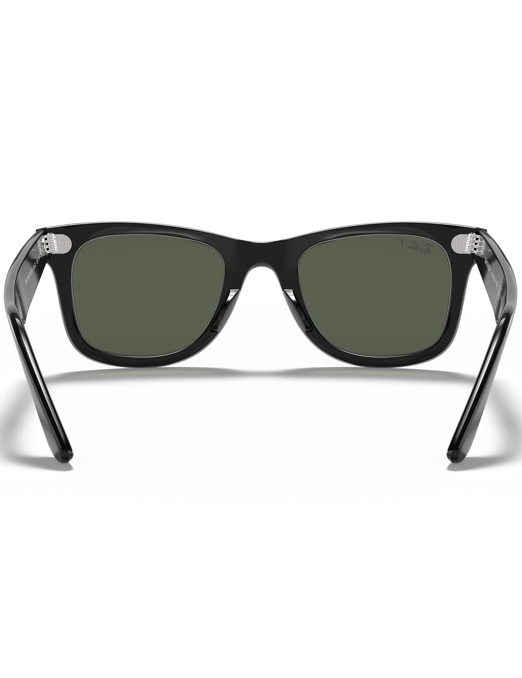 Black Wayfarer sunglasses with green lenses, straight temples