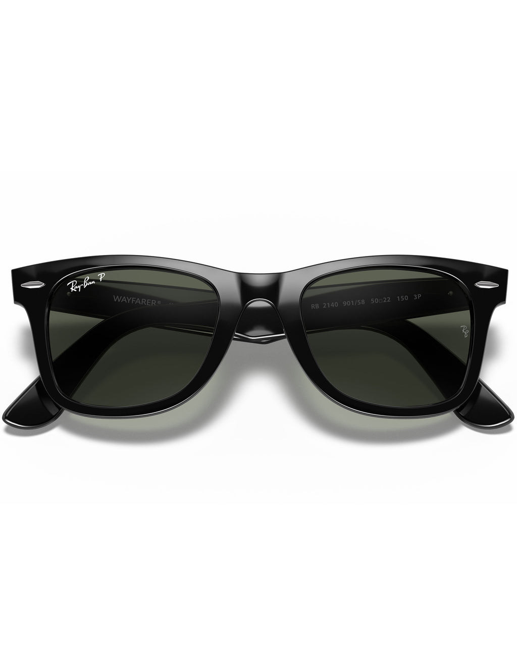 Black Wayfarer-style sunglasses with green polarized lenses and bridge logo
