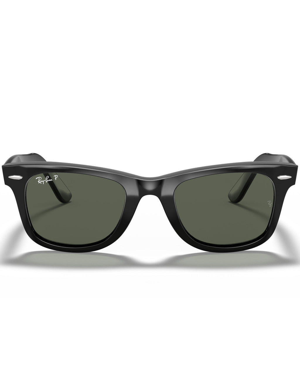 Black Wayfarer sunglasses with green polarized lenses, side shields
