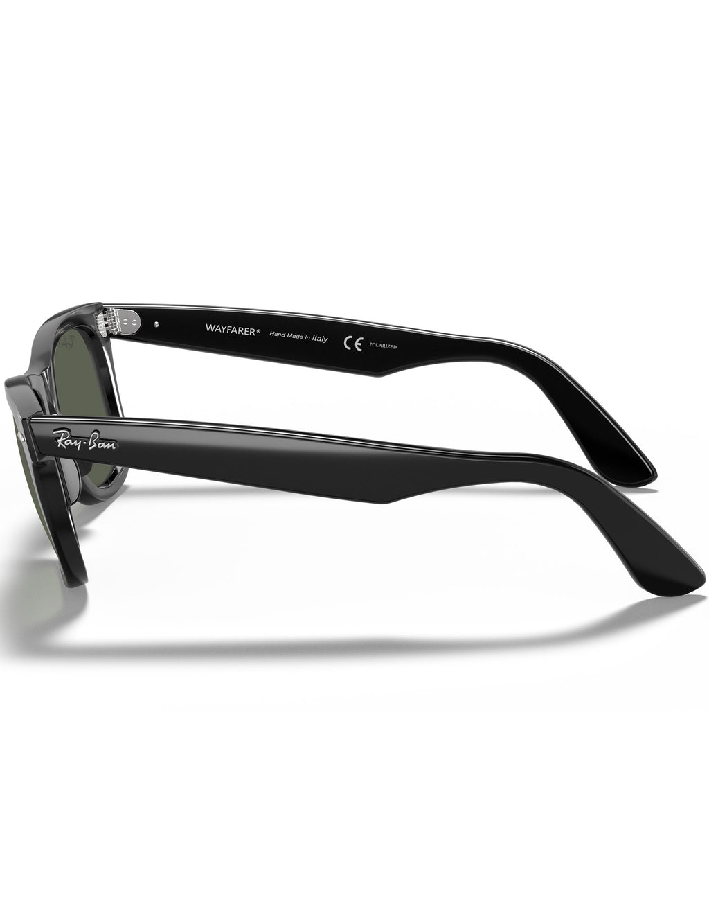 Black Wayfarer sunglasses with green lenses, curved arm with text