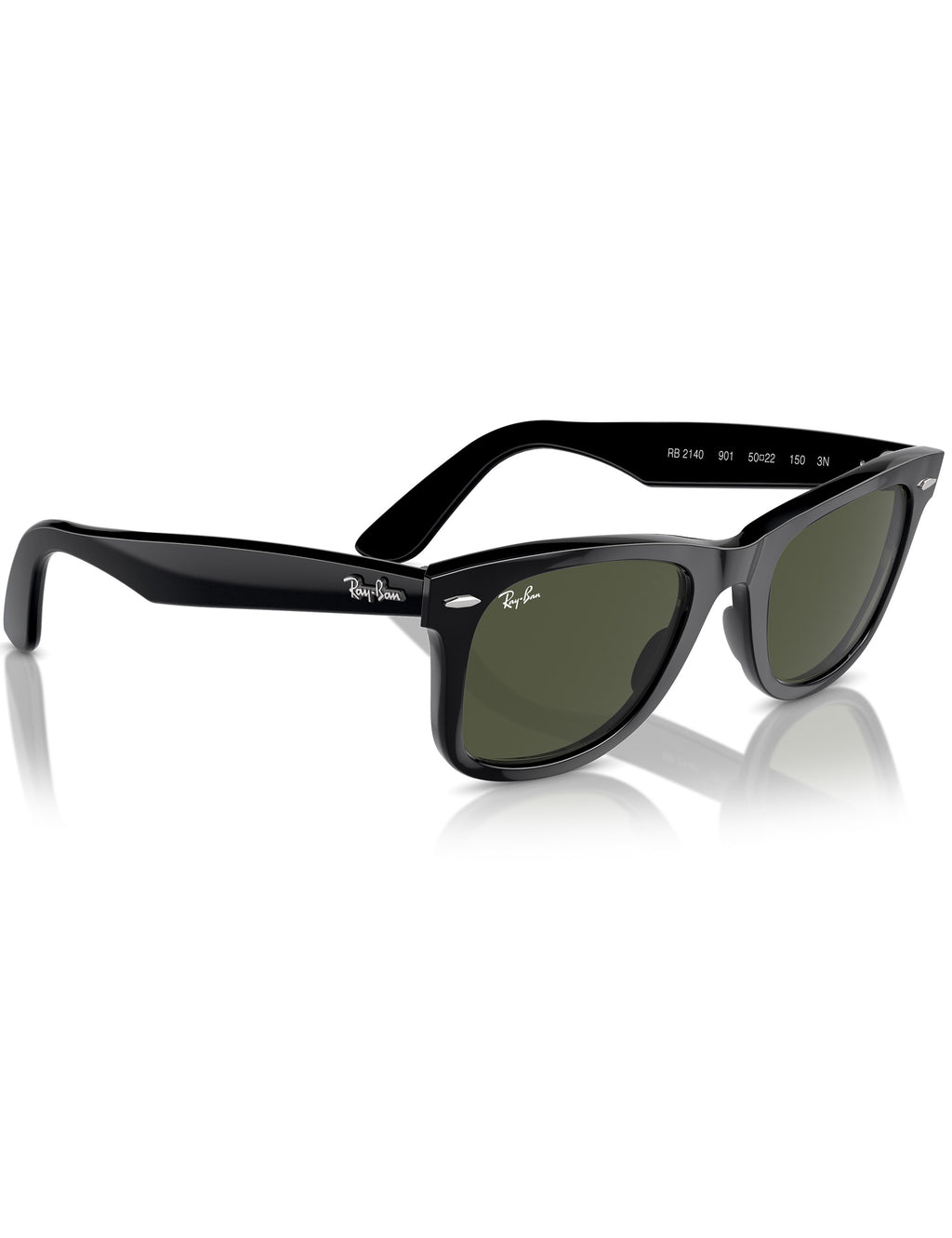 Black Wayfarer sunglasses with green lenses, side profile view.