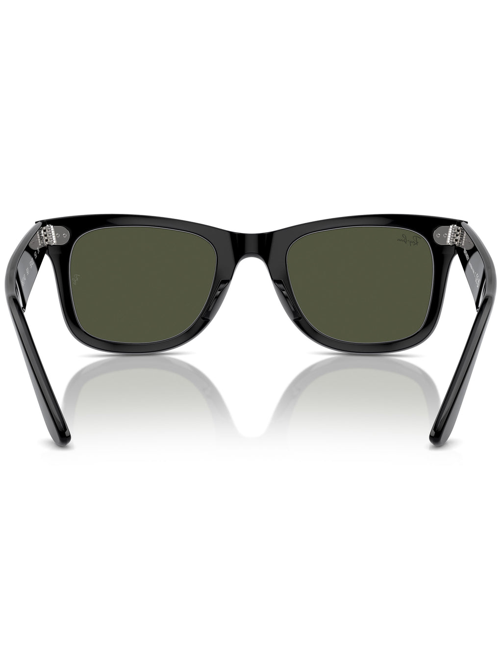 Black Wayfarer sunglasses with green lenses, low front view with arms visible.