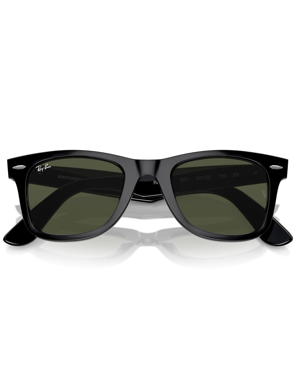 Black Wayfarer sunglasses with green lenses, straight-on front view.