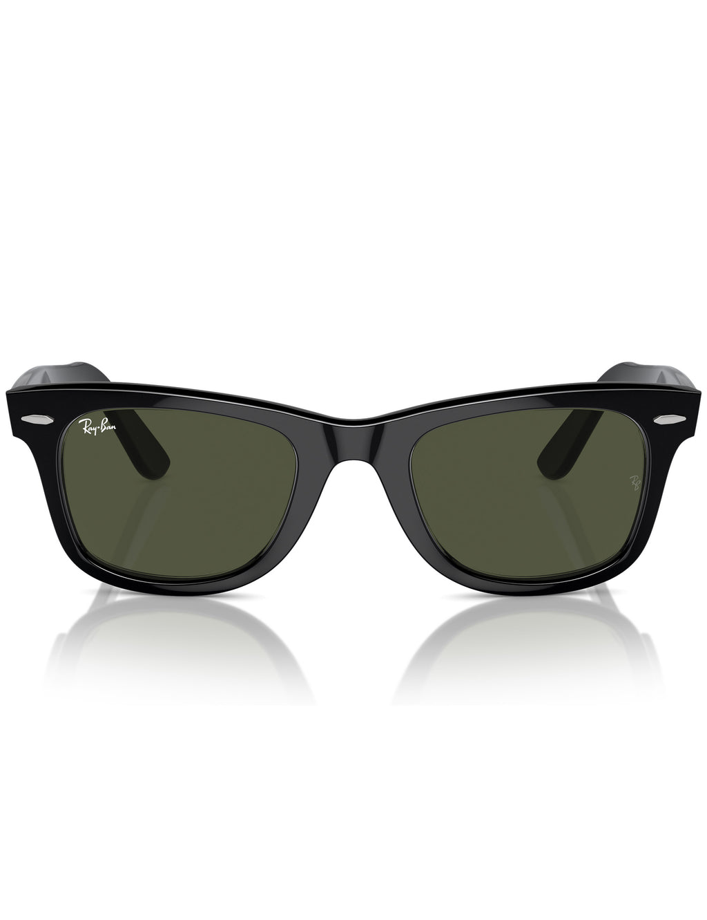 Black Wayfarer sunglasses with green lenses, front close view.
