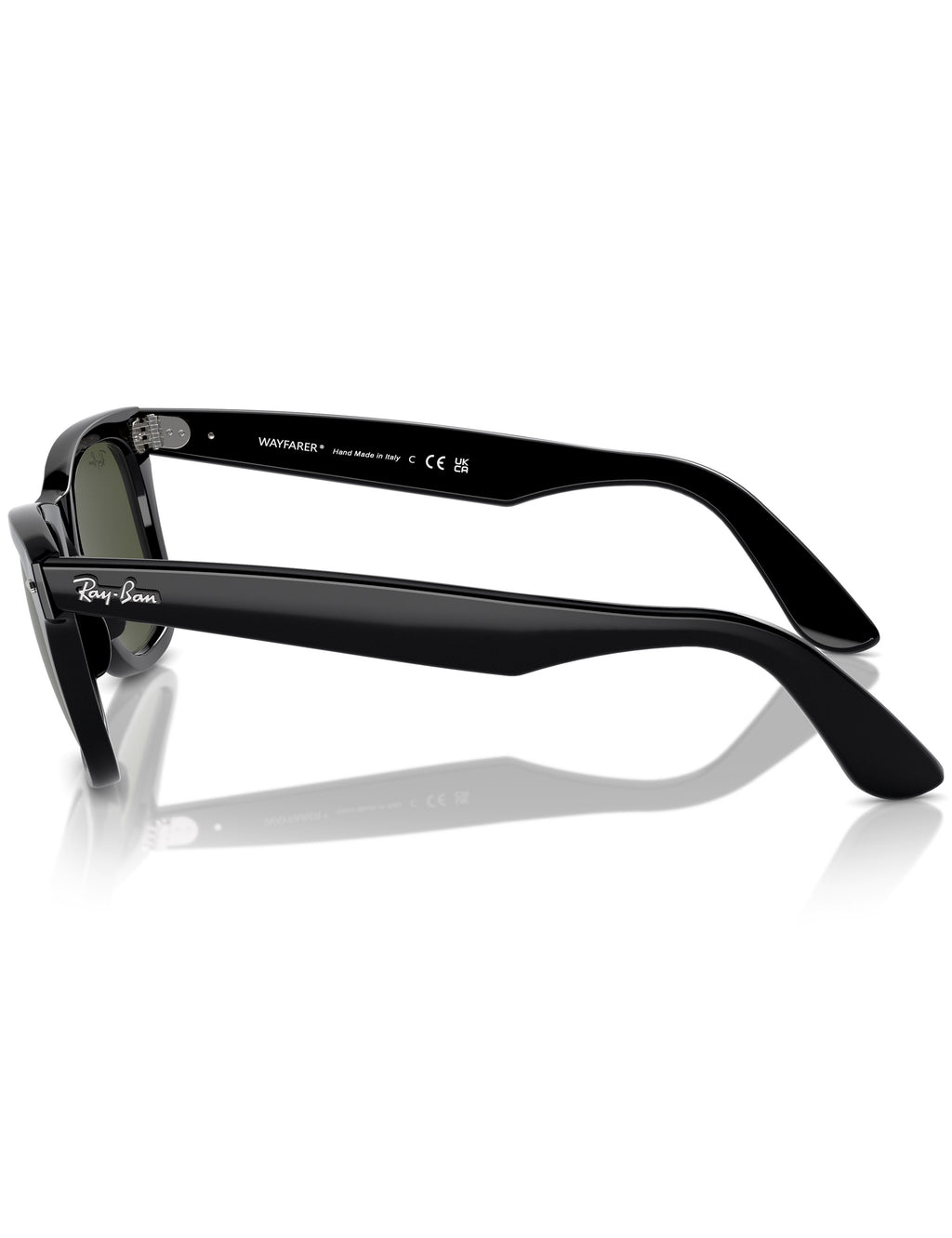 Black Wayfarer sunglasses with green lenses, side view showing temple text.