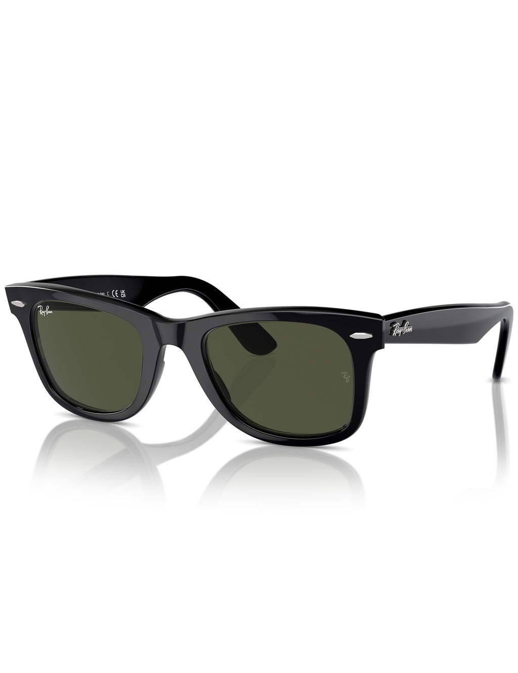 Polished black Wayfarer sunglasses with green tinted lenses, front angled view.
