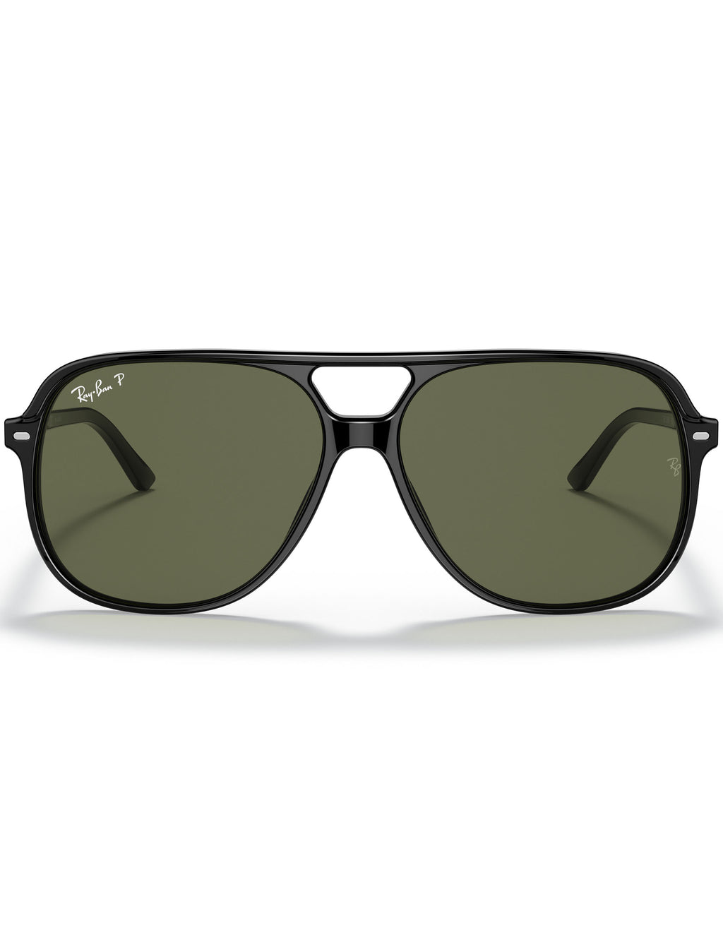 Black aviator sunglasses with green lenses on a white background