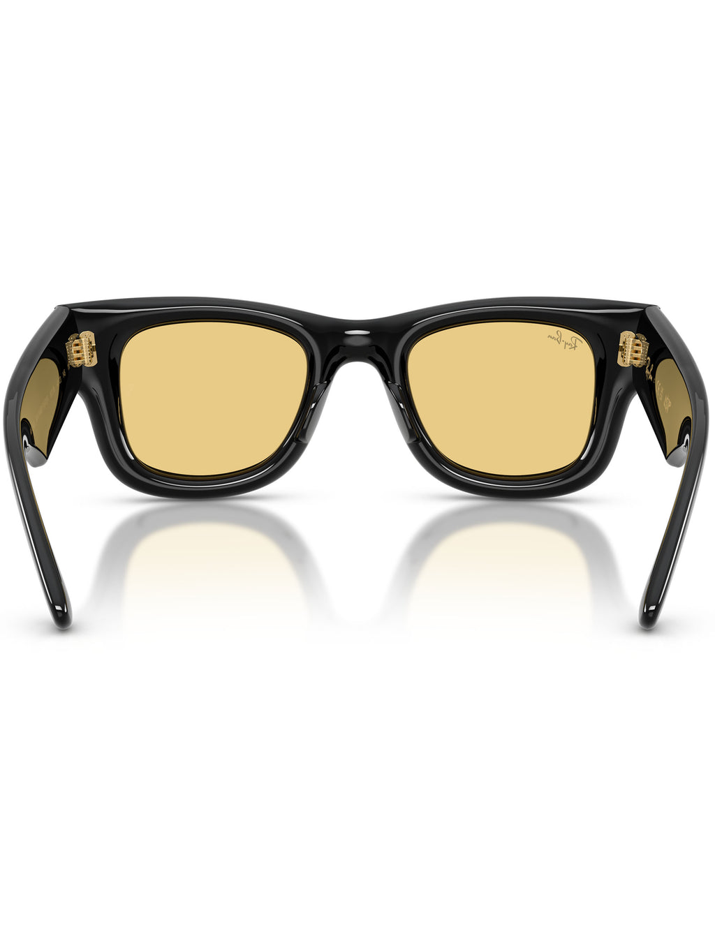 Black sunglasses with gold lenses on a white background