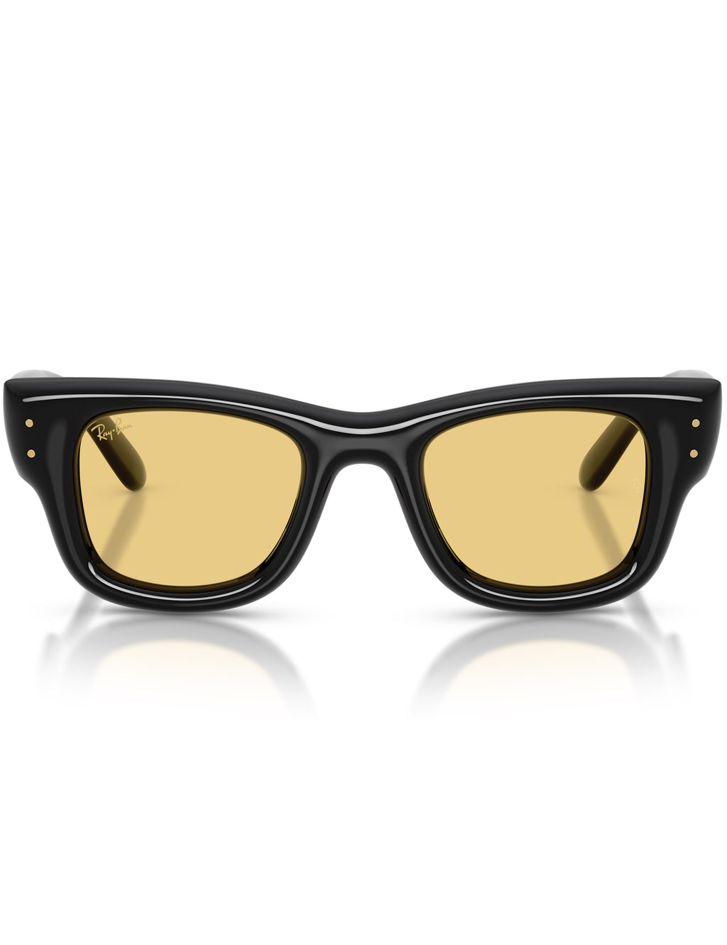 Black sunglasses with gold lenses on a white background