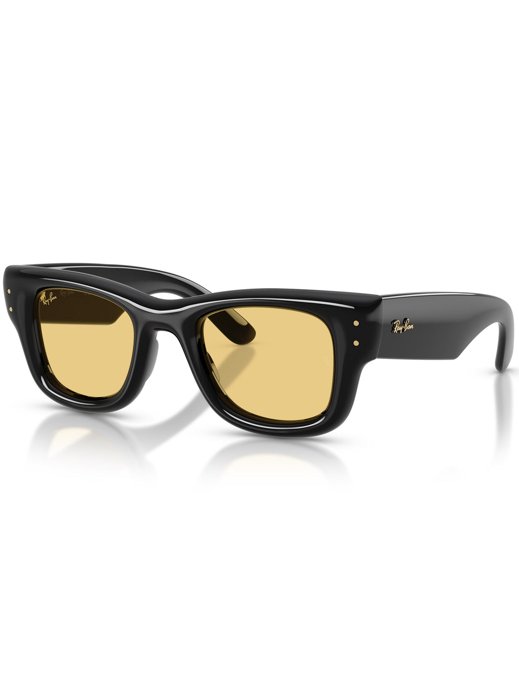 Black sunglasses with gold lenses on a white background