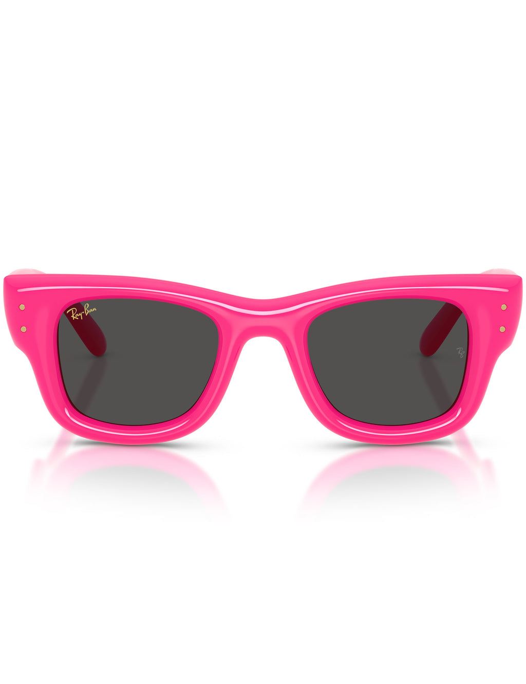 Pink sunglasses with a reflective surface on a white background