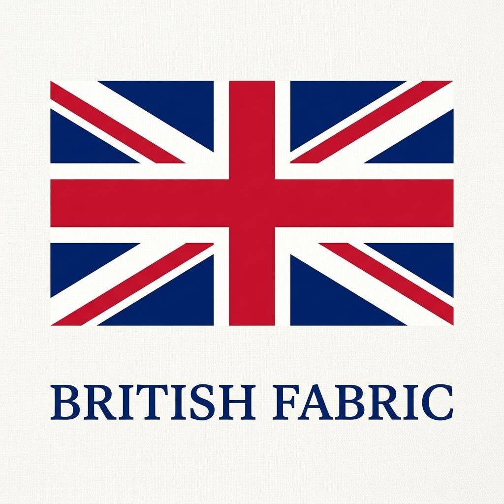 British fabric label graphic with Union Jack and text 'BRITISH FABRIC'