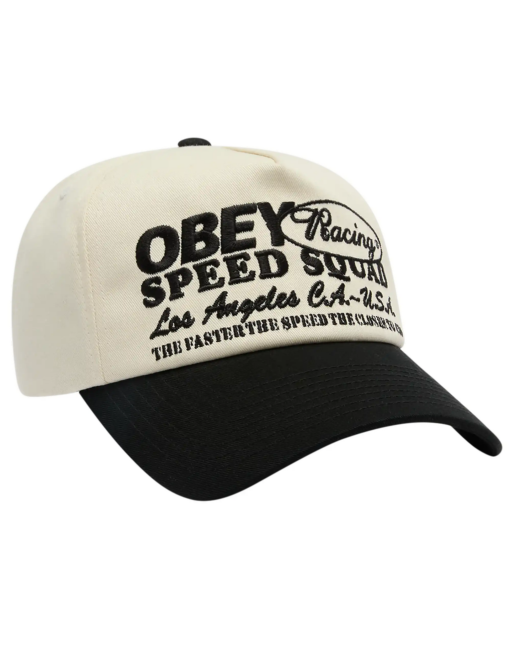 5-panel snapback cap with black brim, beige crown, front Speed Squad graphic