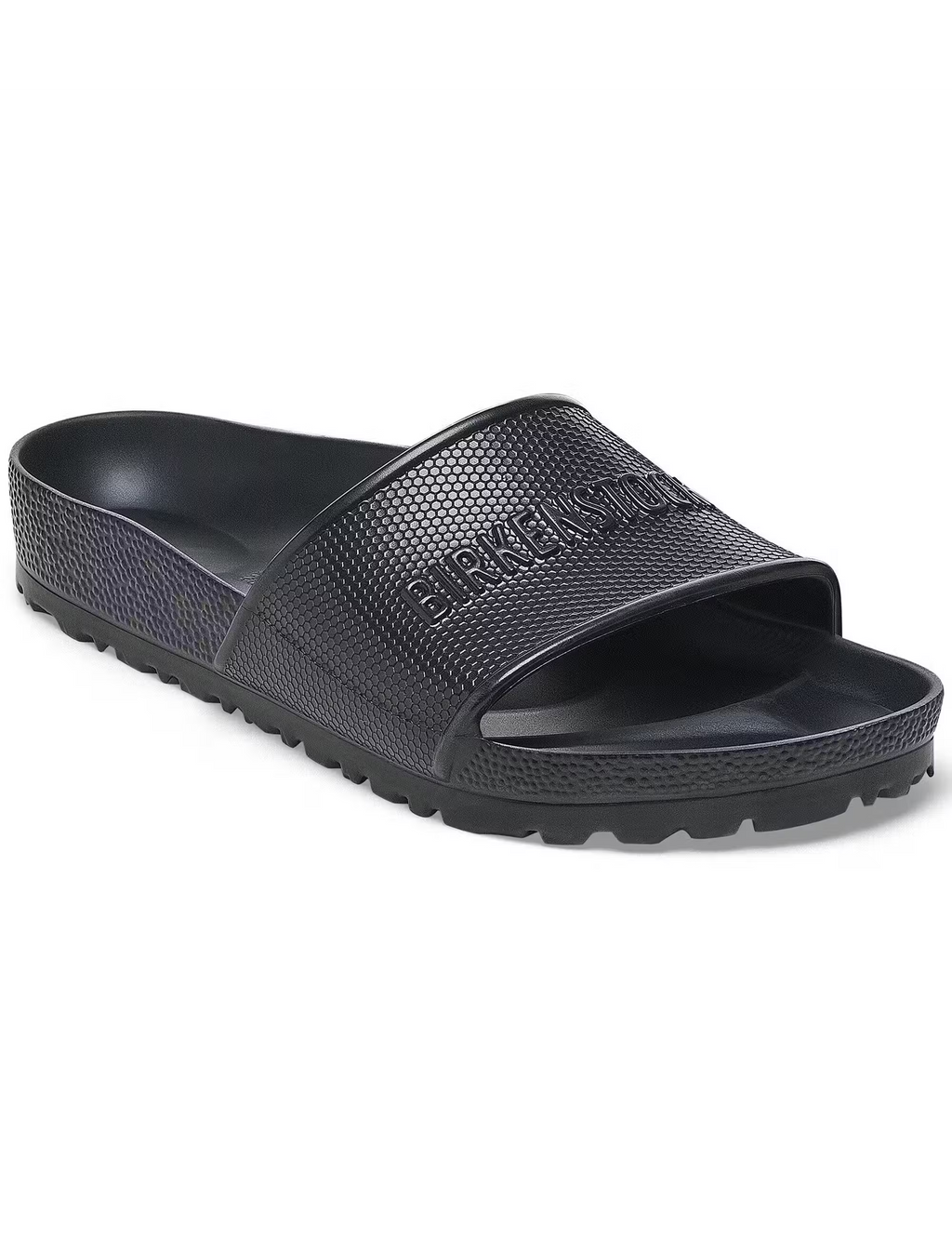 Black EVA slide sandals with textured upper strap and grippy tread outsole
