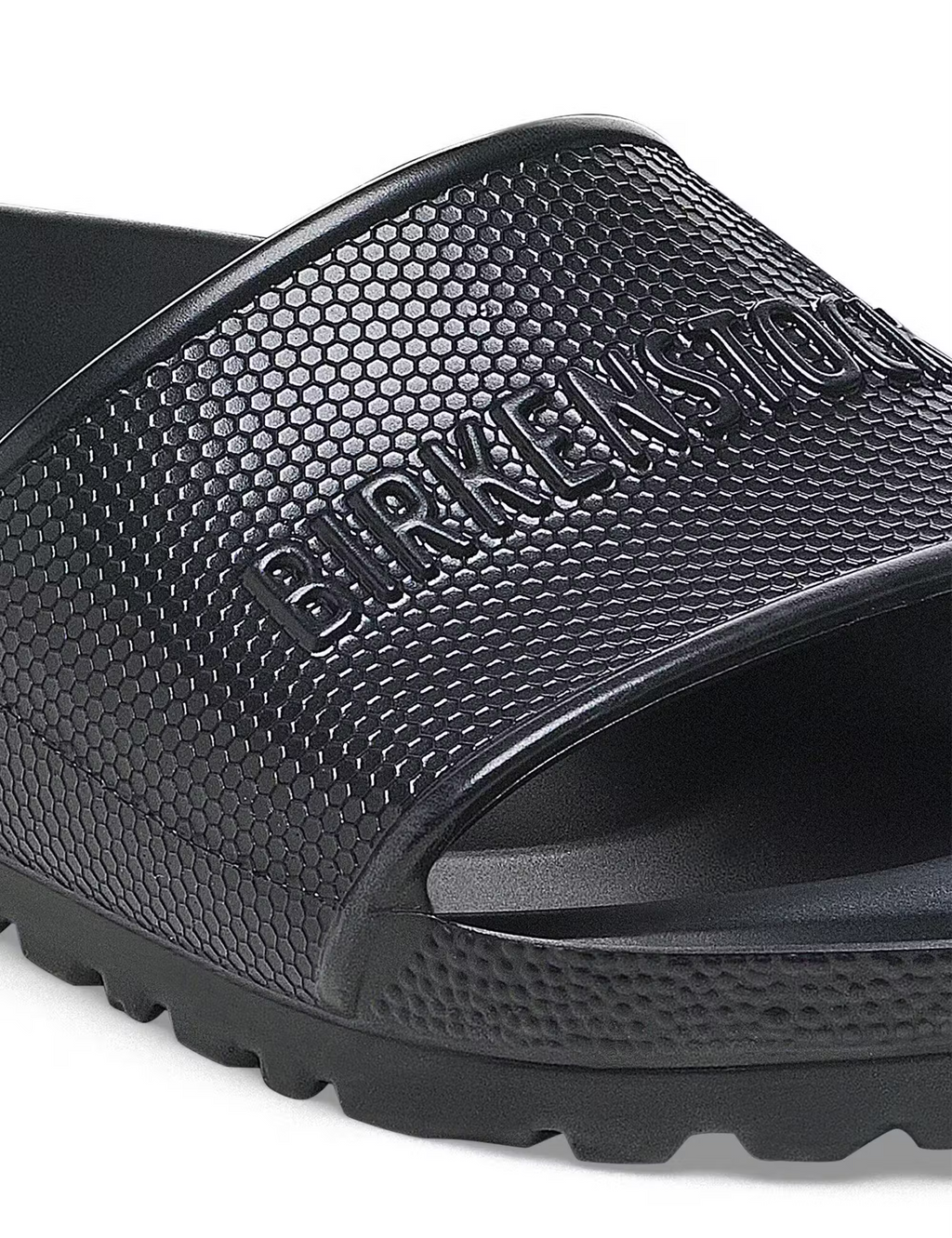 Black textured slide sandal strap with raised logo and contoured footbed
