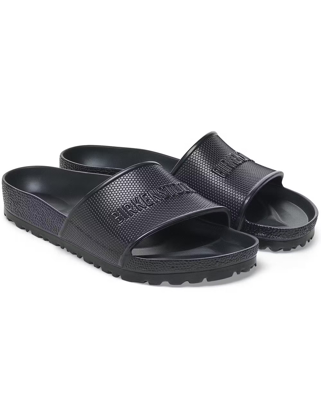Black EVA slide sandals with textured strap and cushioned footbed, open toe