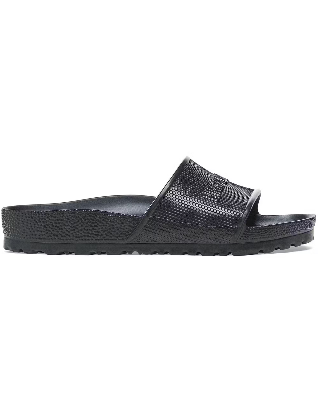 Black EVA slide sandal side view with textured strap and thick tread sole