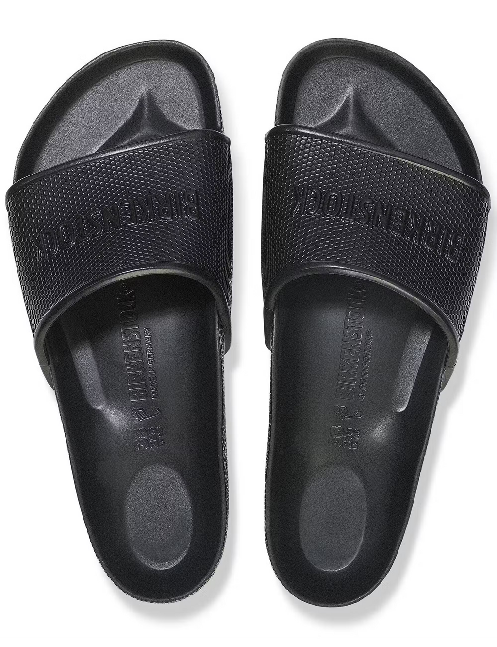 Black EVA slide sandals, pair view showing embossed footbed and logo strap