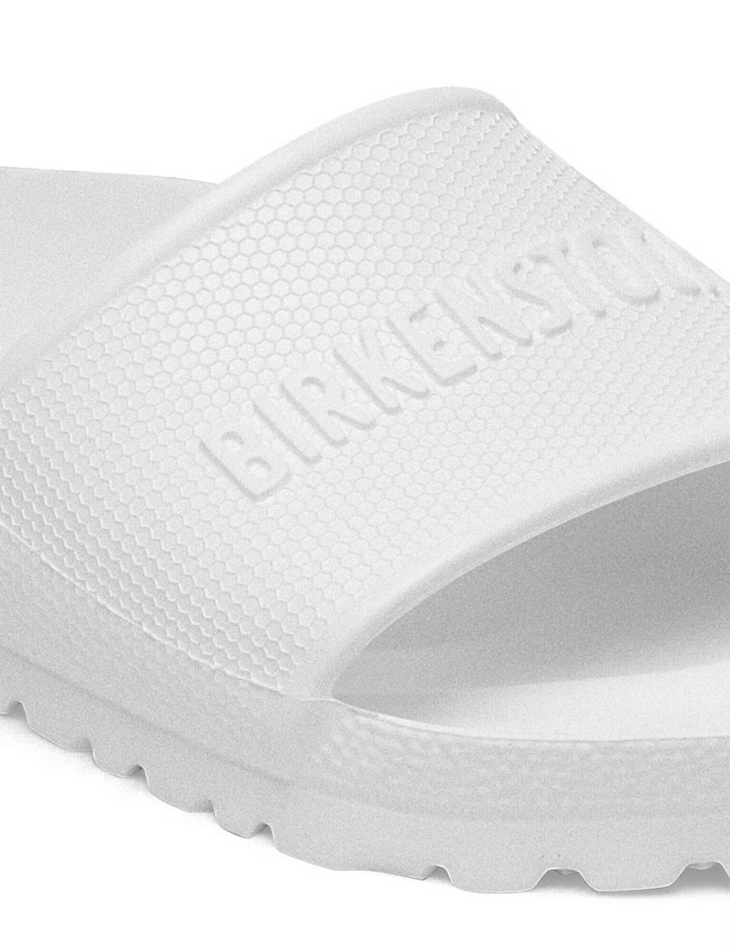 White EVA slide sandal strap with Birkenstock embossed texture, open toe