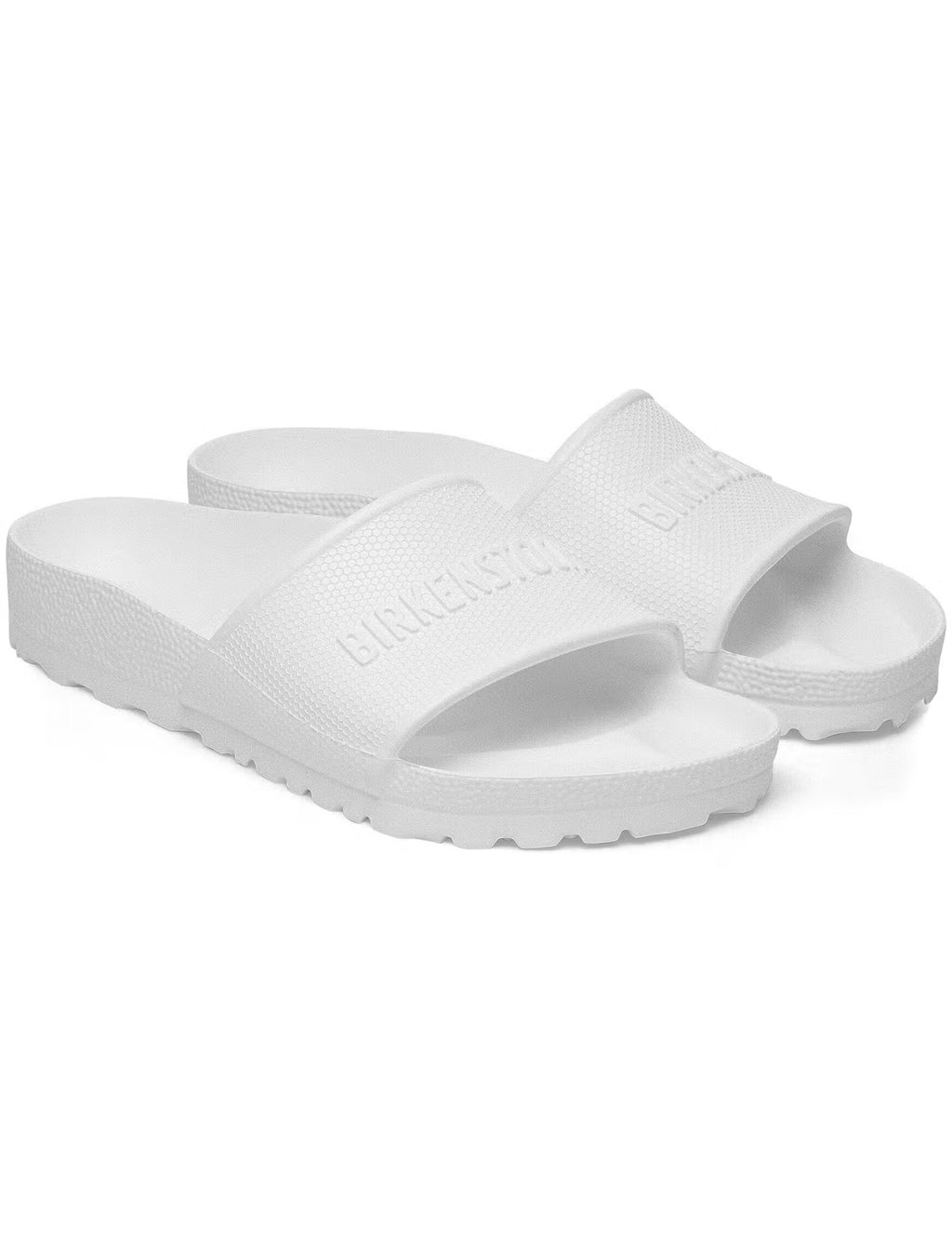 White EVA slide sandal with contoured straps and treaded sole, Birkenstock embossed