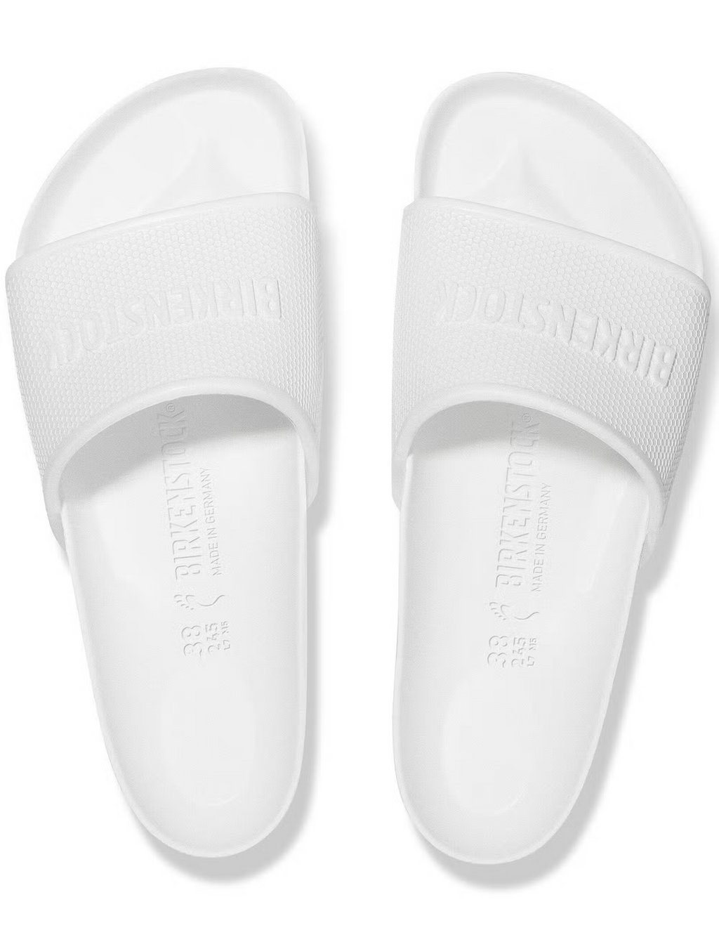 Pair of white EVA slide sandals with open toe, Birkenstock embossed on straps