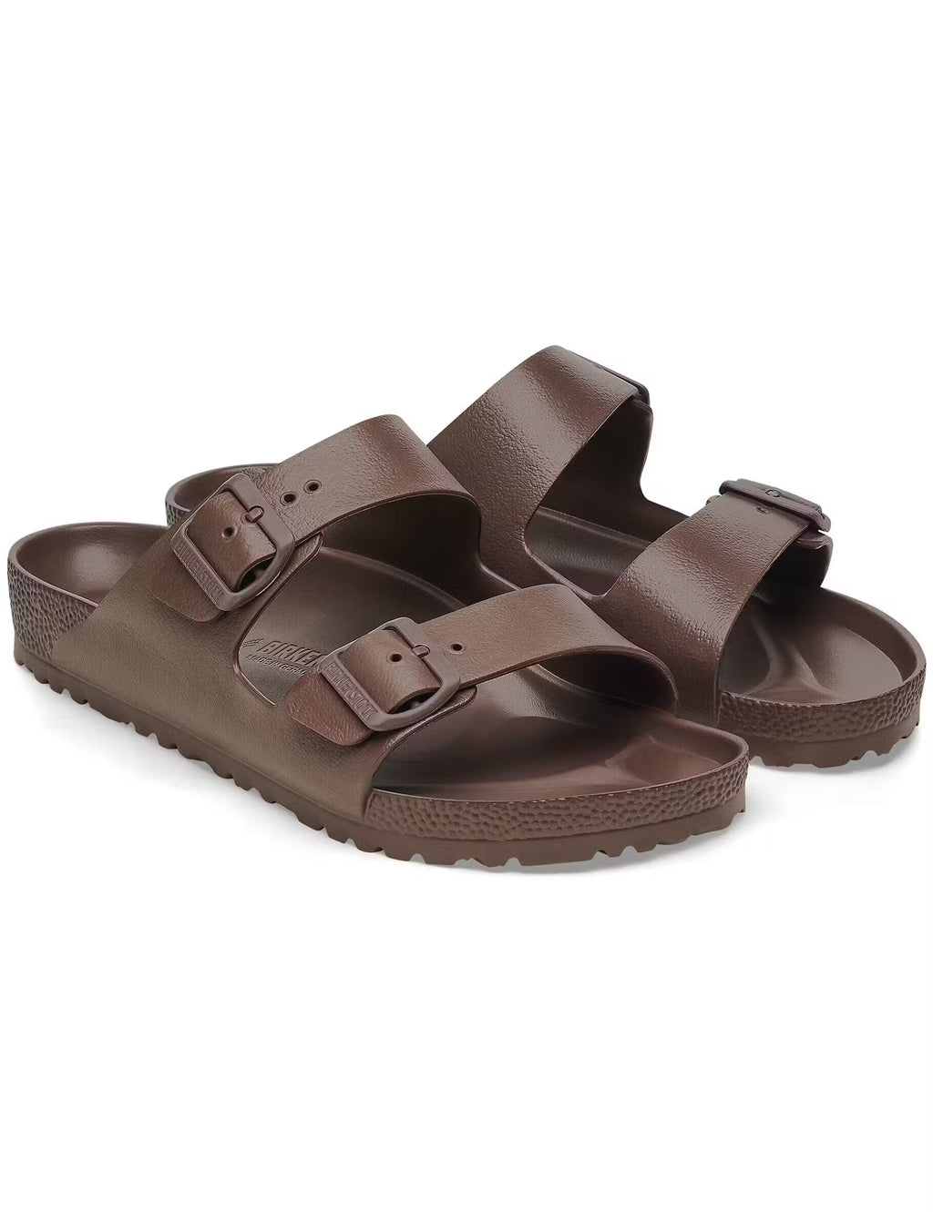 Brown EVA narrow sandals with two adjustable buckled straps