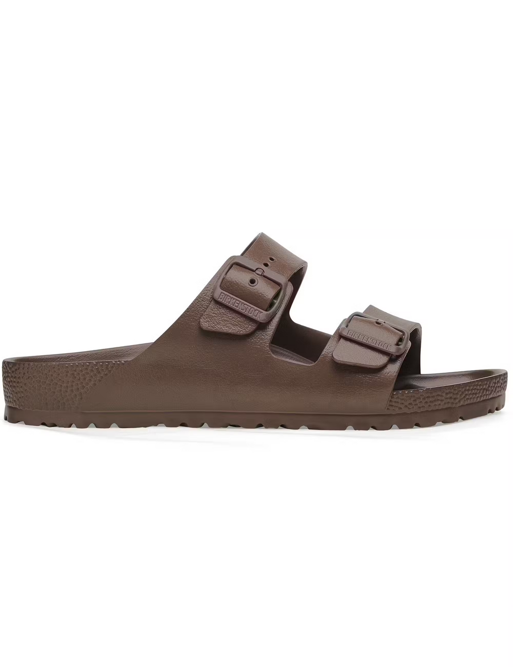 Brown EVA slide sandals with two adjustable buckled straps