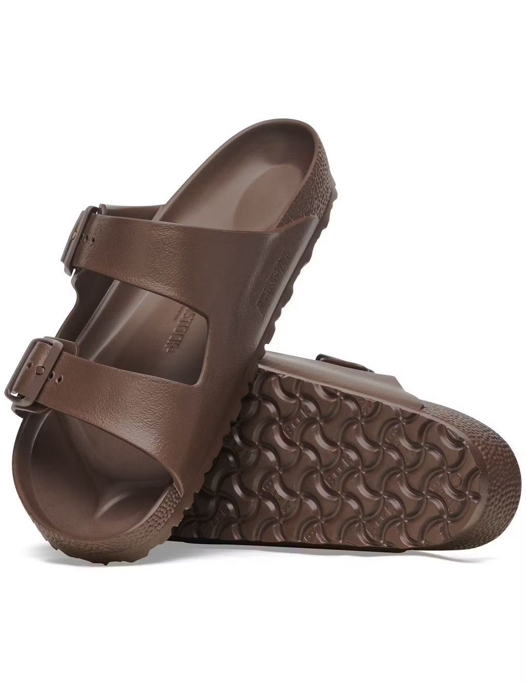 Brown EVA sandals with buckled straps and textured footbed sole