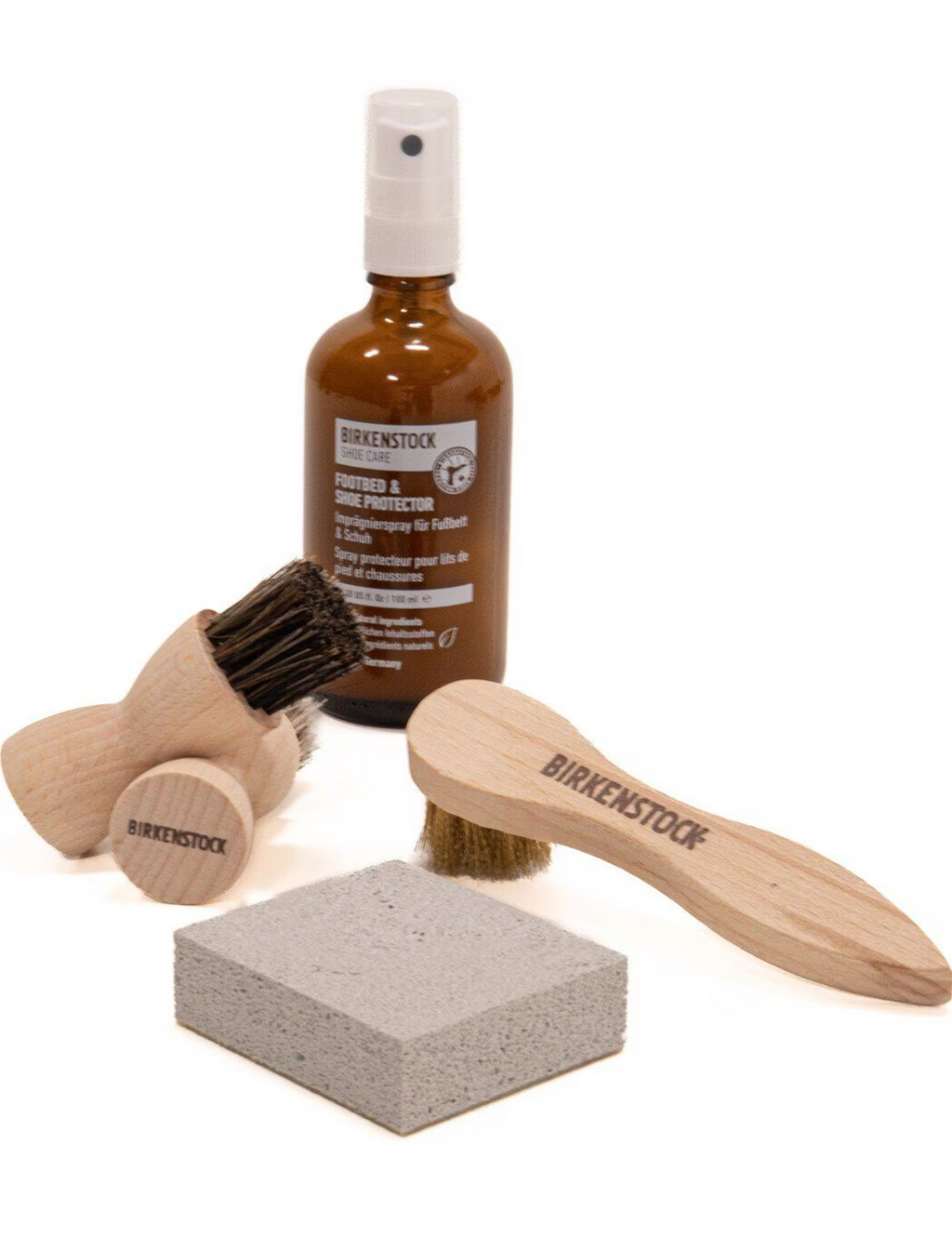 Birkenstock suede leather protector bottle with brushes and gray sponge block