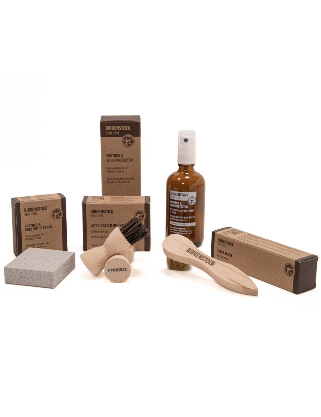 Birkenstock suede leather care kit with brush, sponge block, eraser, and bottle