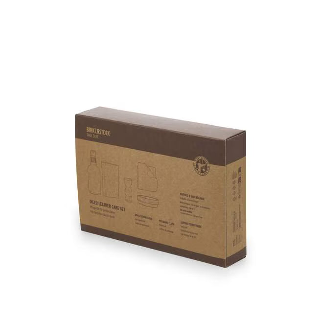 Oiled leather care kit box, brown and tan with instructions and logo